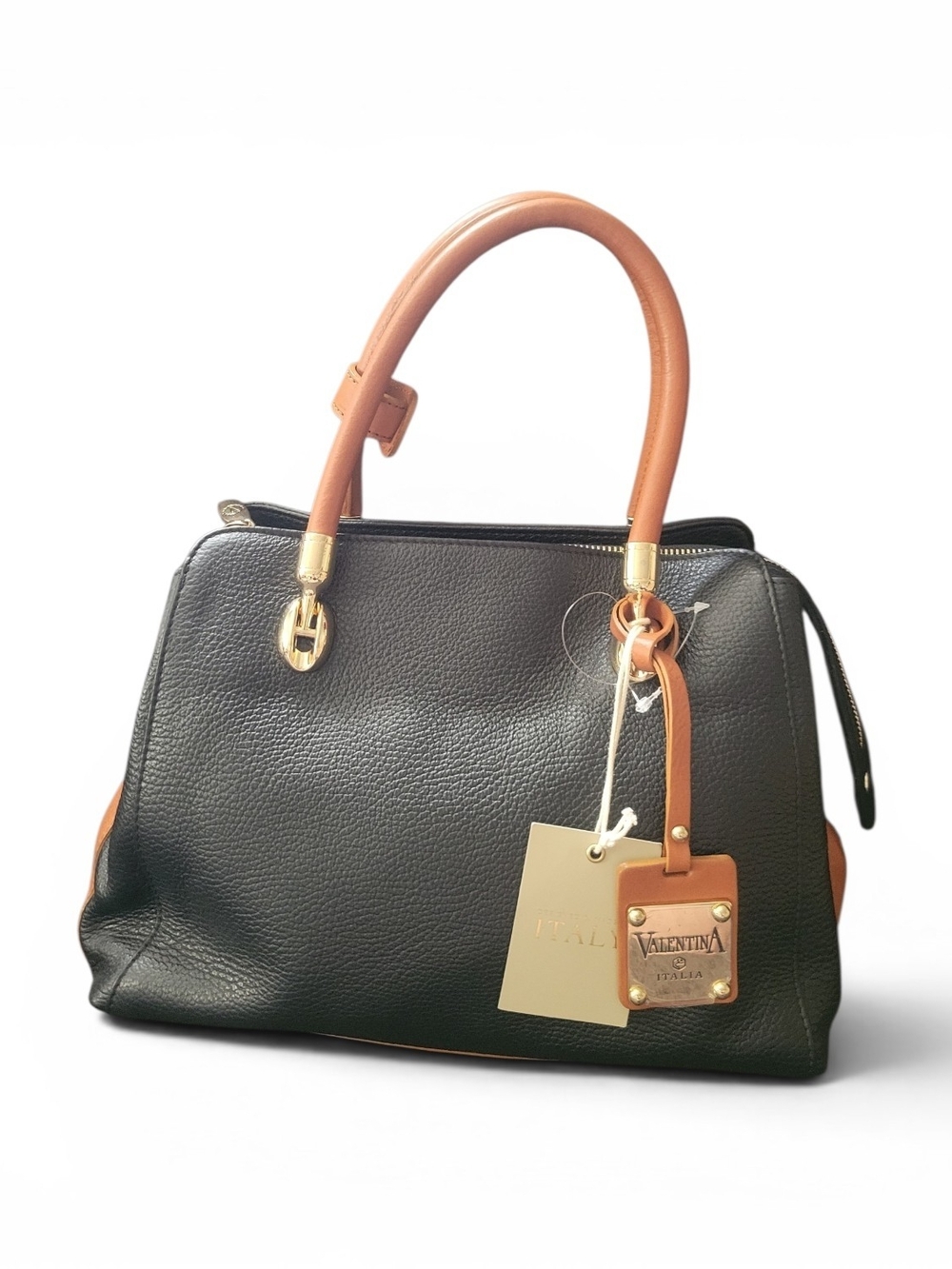 NWT Valentina Italia Black Pebbled Leather Satchel
